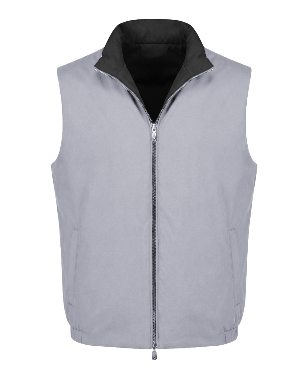 Gray vest with a black collar