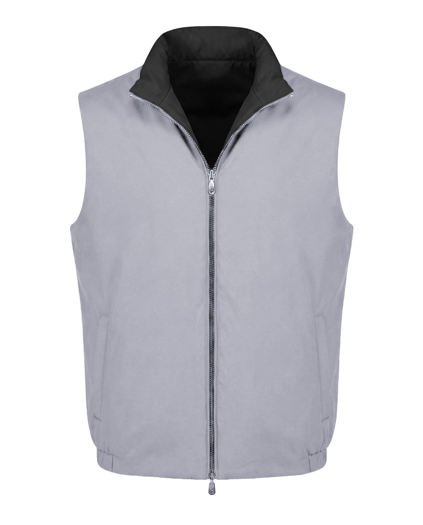 Gray vest with a black collar