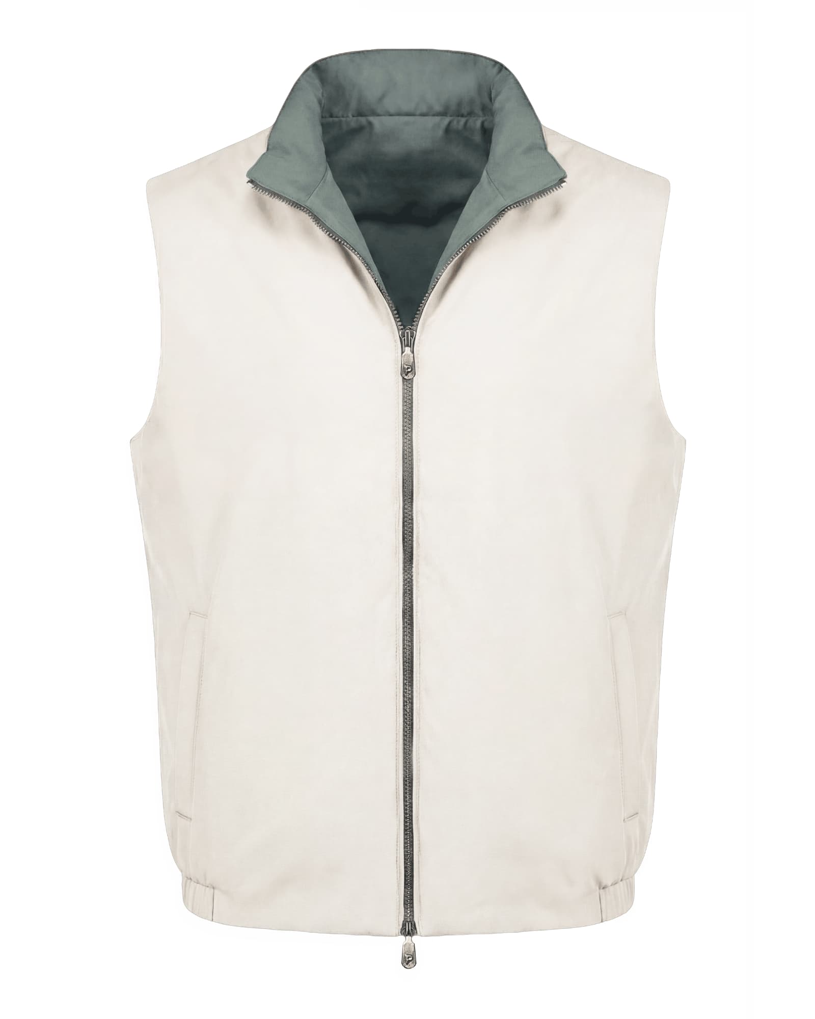 White puffer vest with green inner lining on a white background