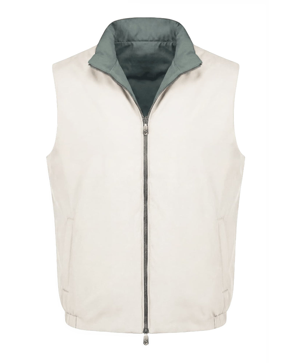 White puffer vest with green inner lining on a white background