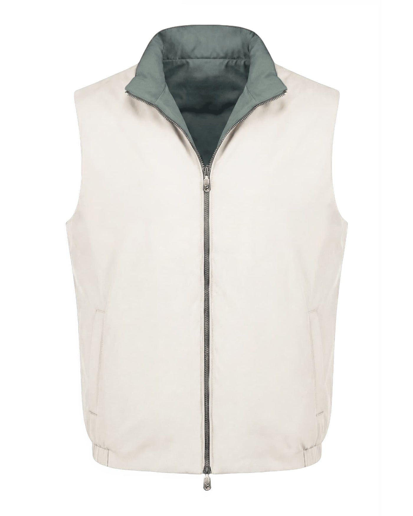 White puffer vest with green inner lining on a white background