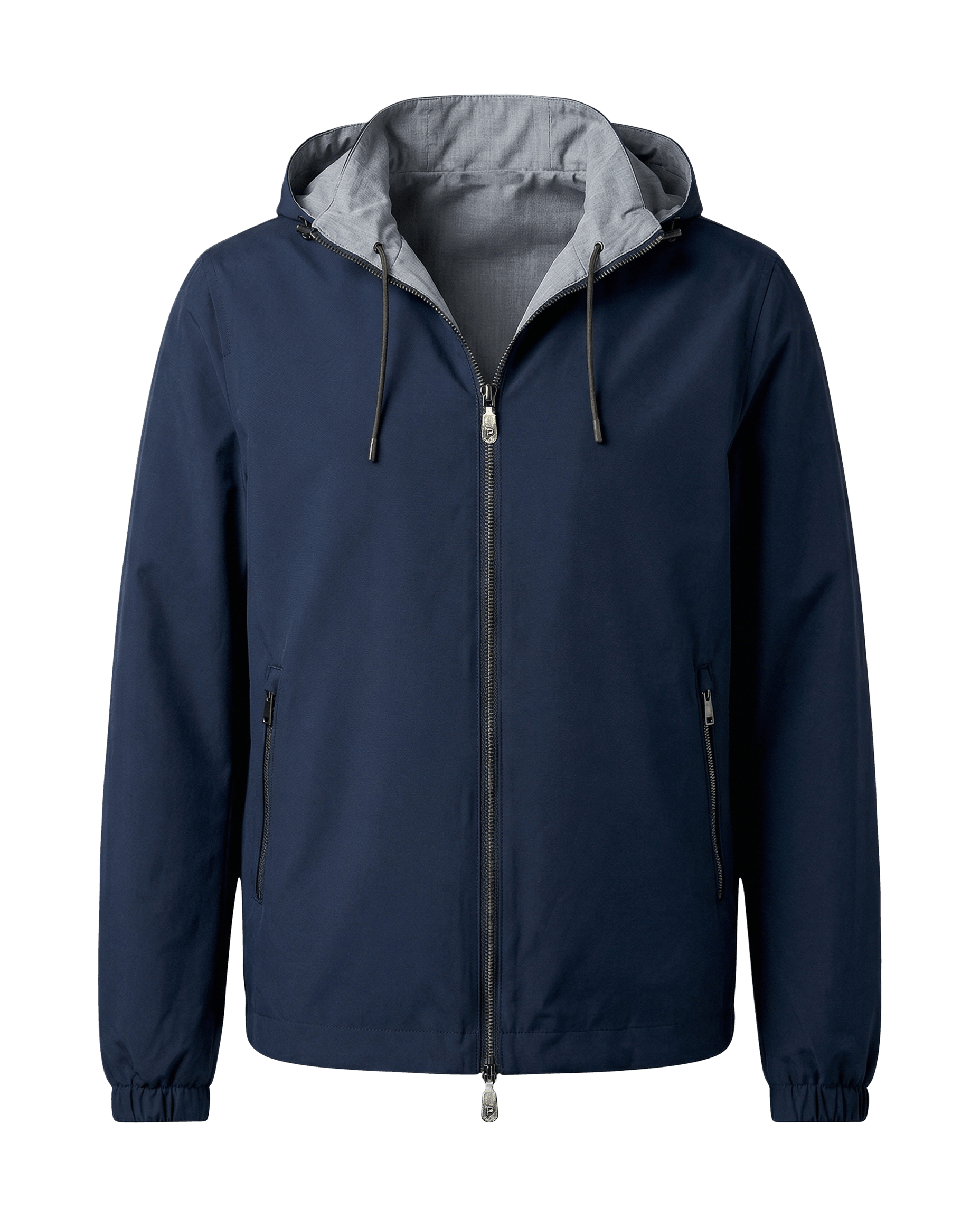 Navy blue jacket with gray hood 