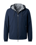 Navy blue jacket with gray hood 