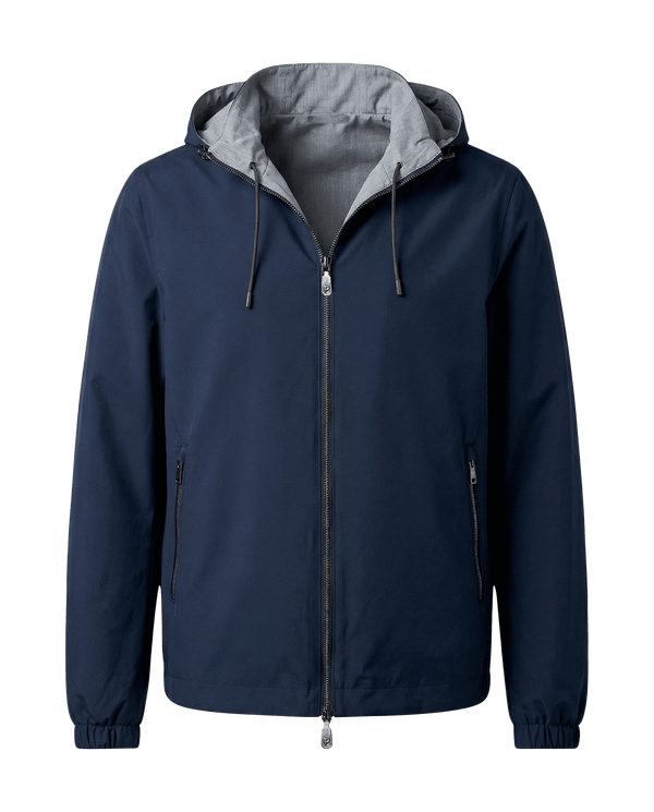 Navy blue jacket with gray hood 