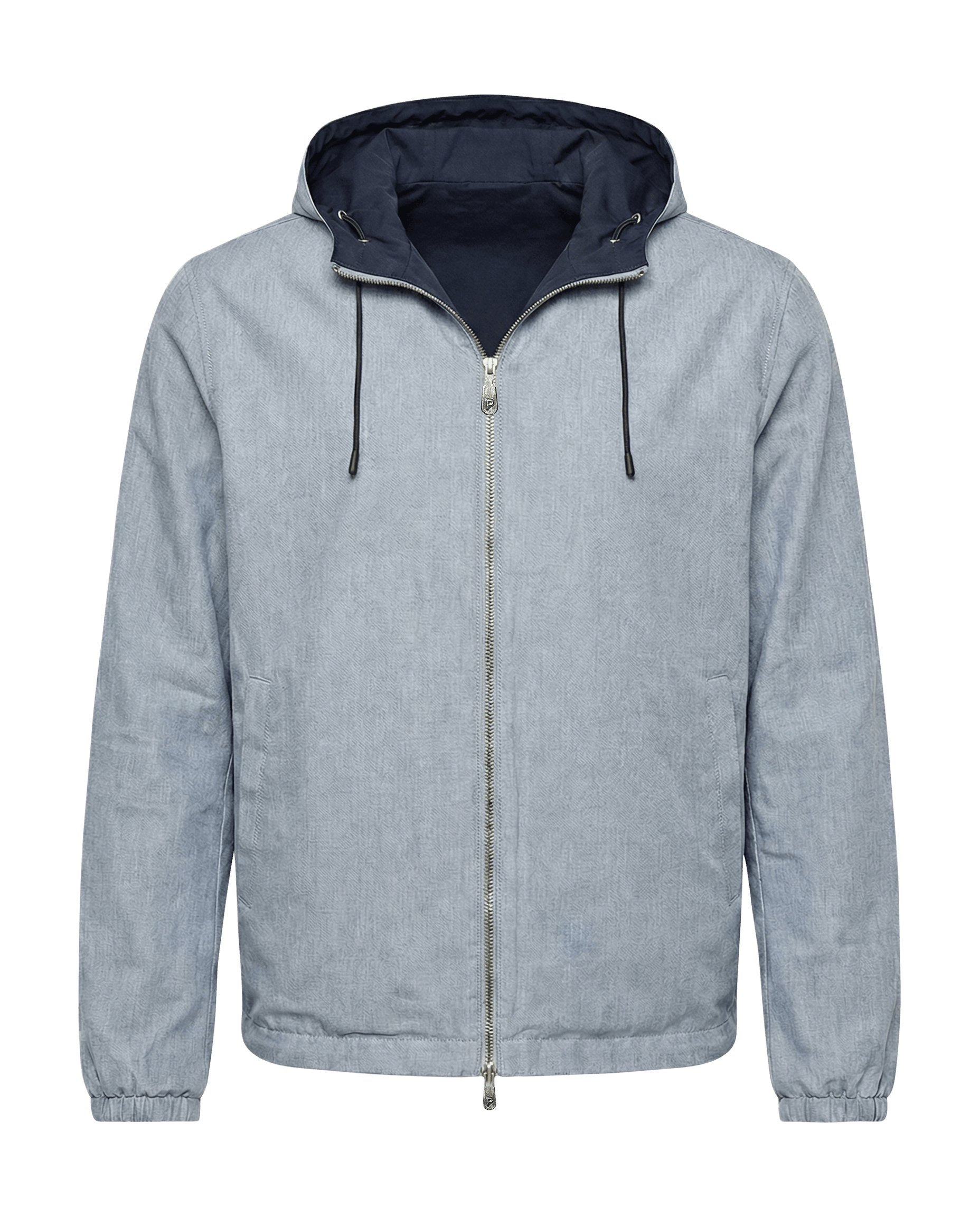 Light blue jacket with a dark blue hood