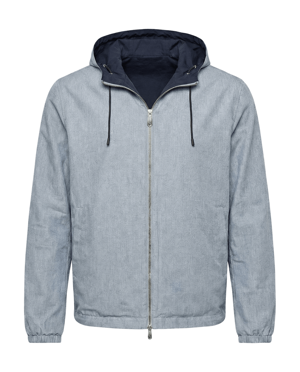 Light blue jacket with a dark blue hood