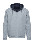 Light blue jacket with a dark blue hood