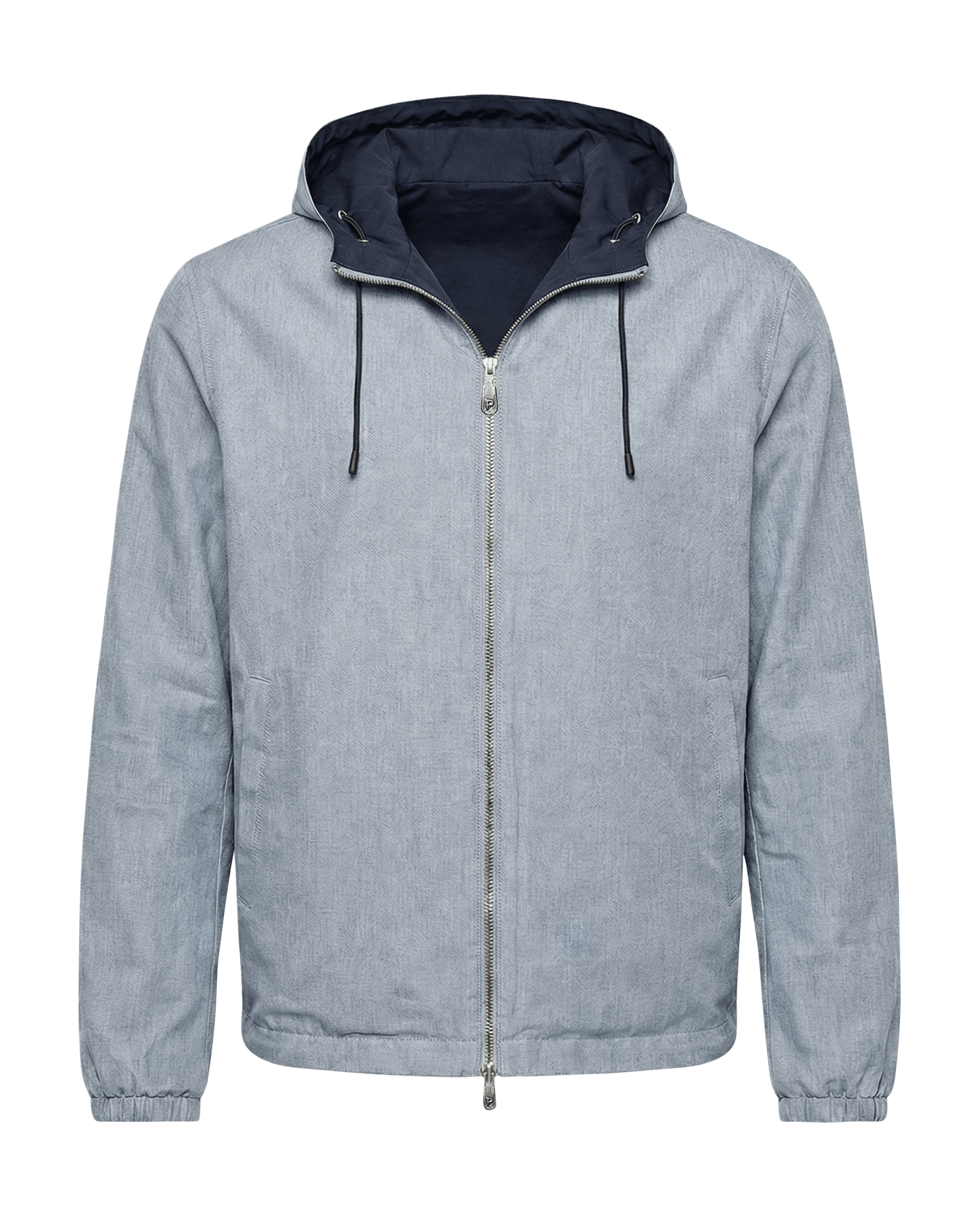 Light blue jacket with a dark blue hood