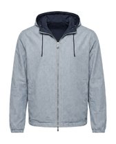 Light blue jacket with a dark blue hood