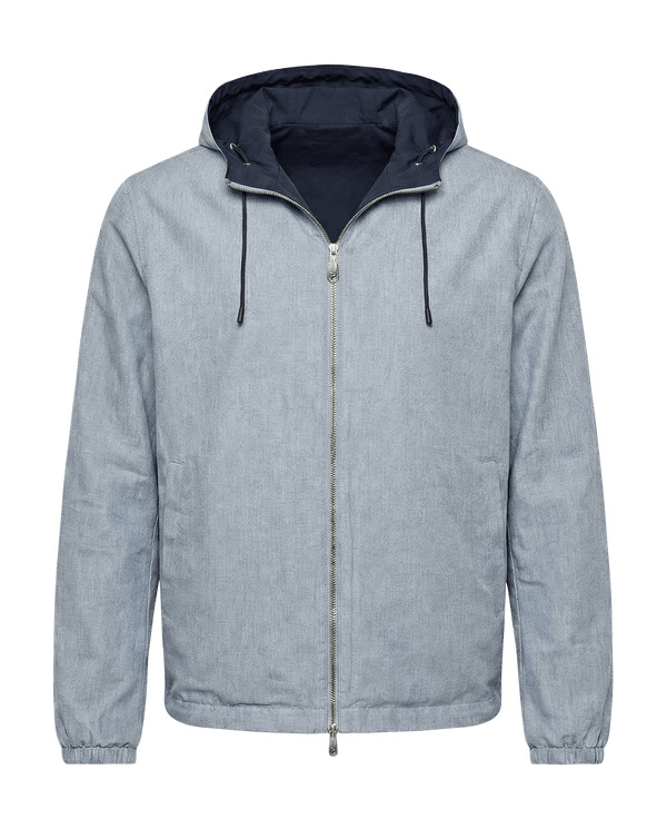 Light blue jacket with a dark blue hood