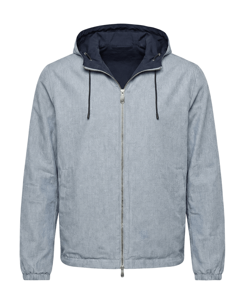 Light blue jacket with a dark blue hood