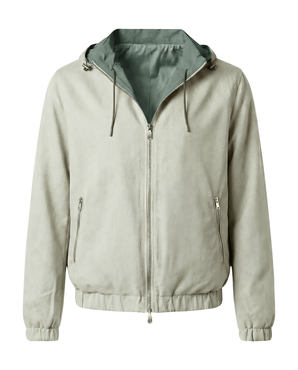 Beige jacket with a green hood 