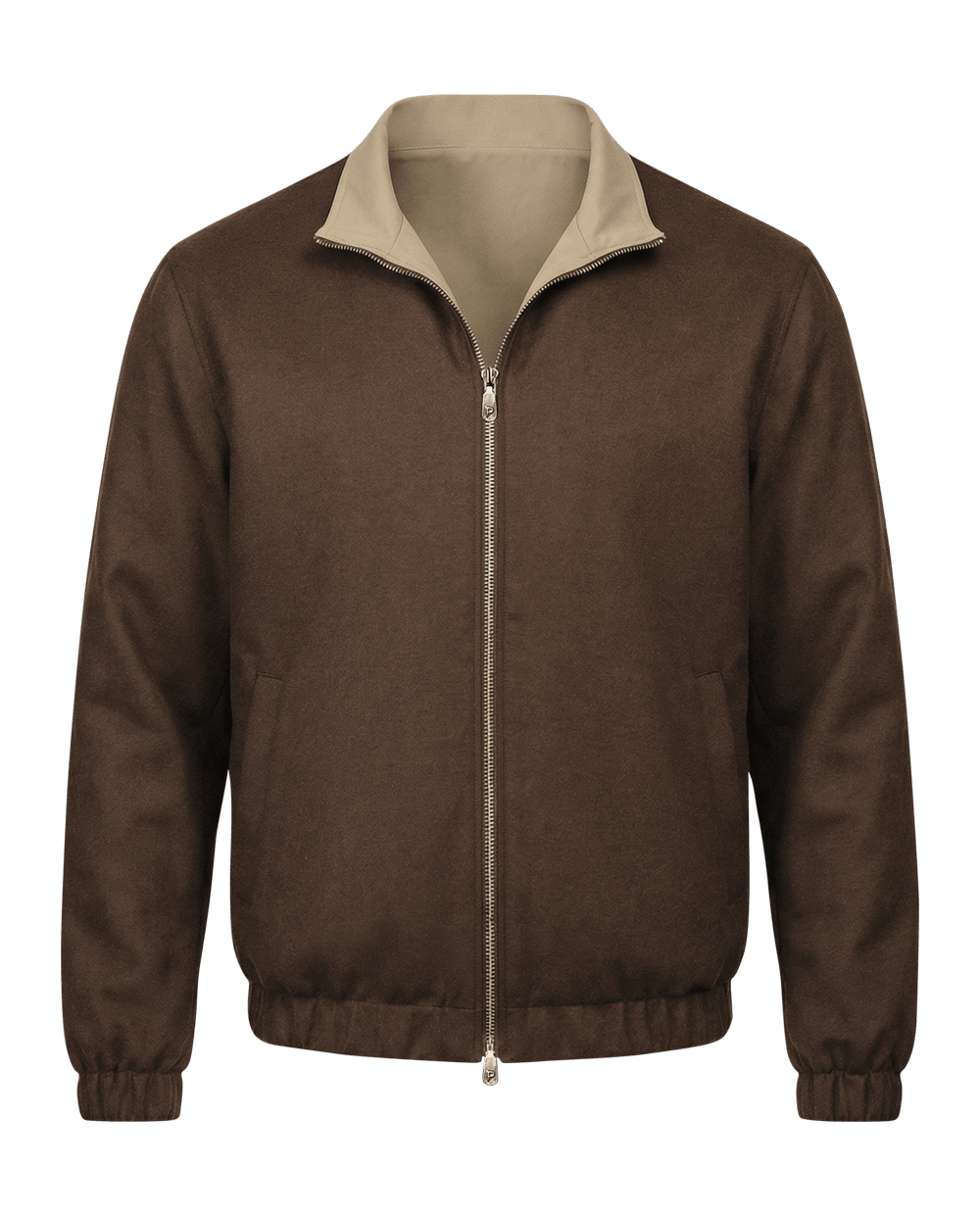 Brown jacket with beige collar on a black background