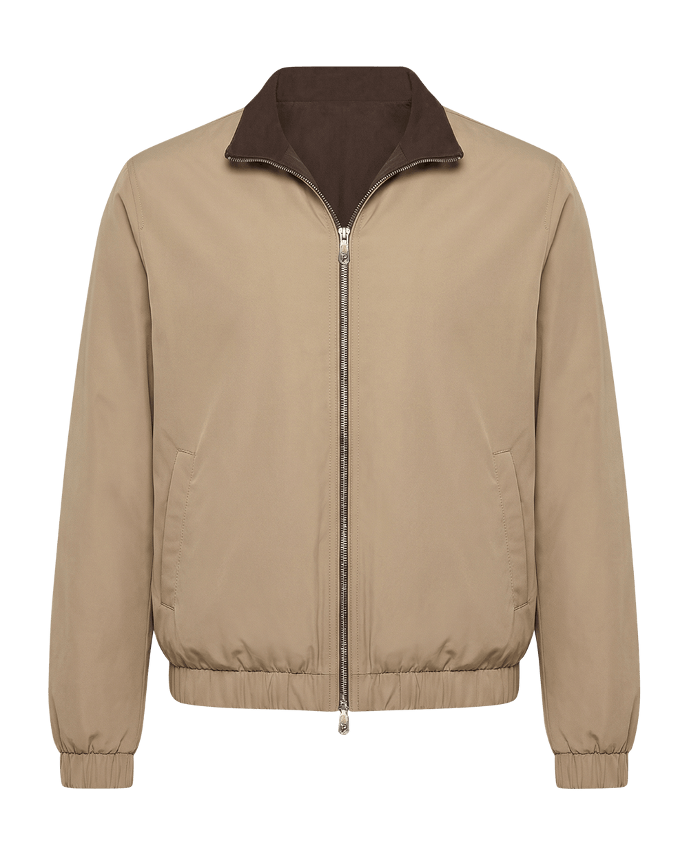 Beige jacket with brown collar on a black background