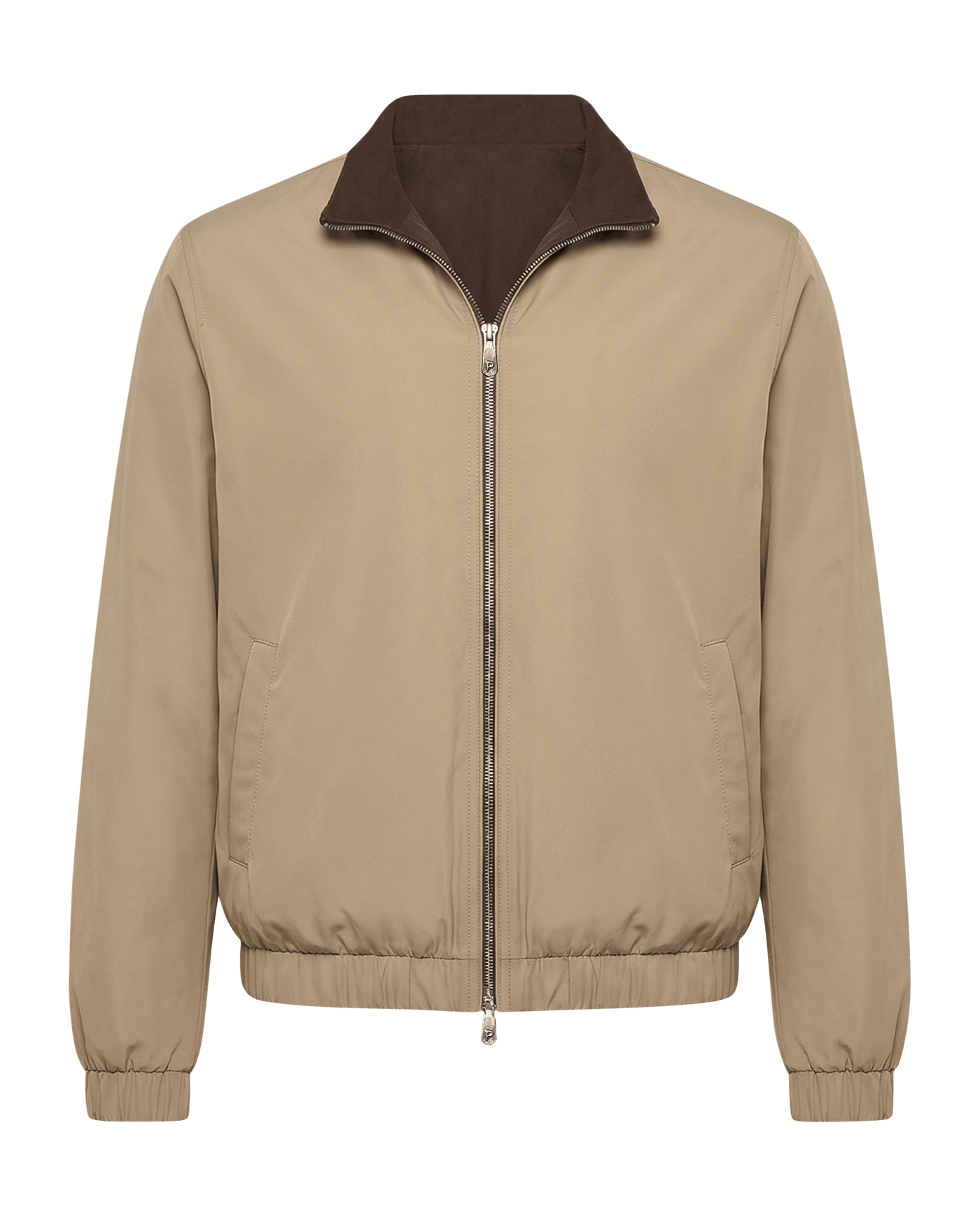 Beige jacket with brown collar on a black background