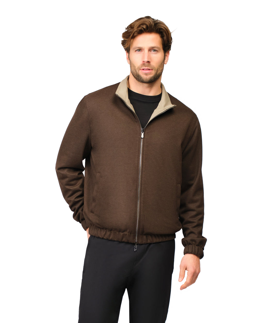 Man wearing a brown jacket with a white background