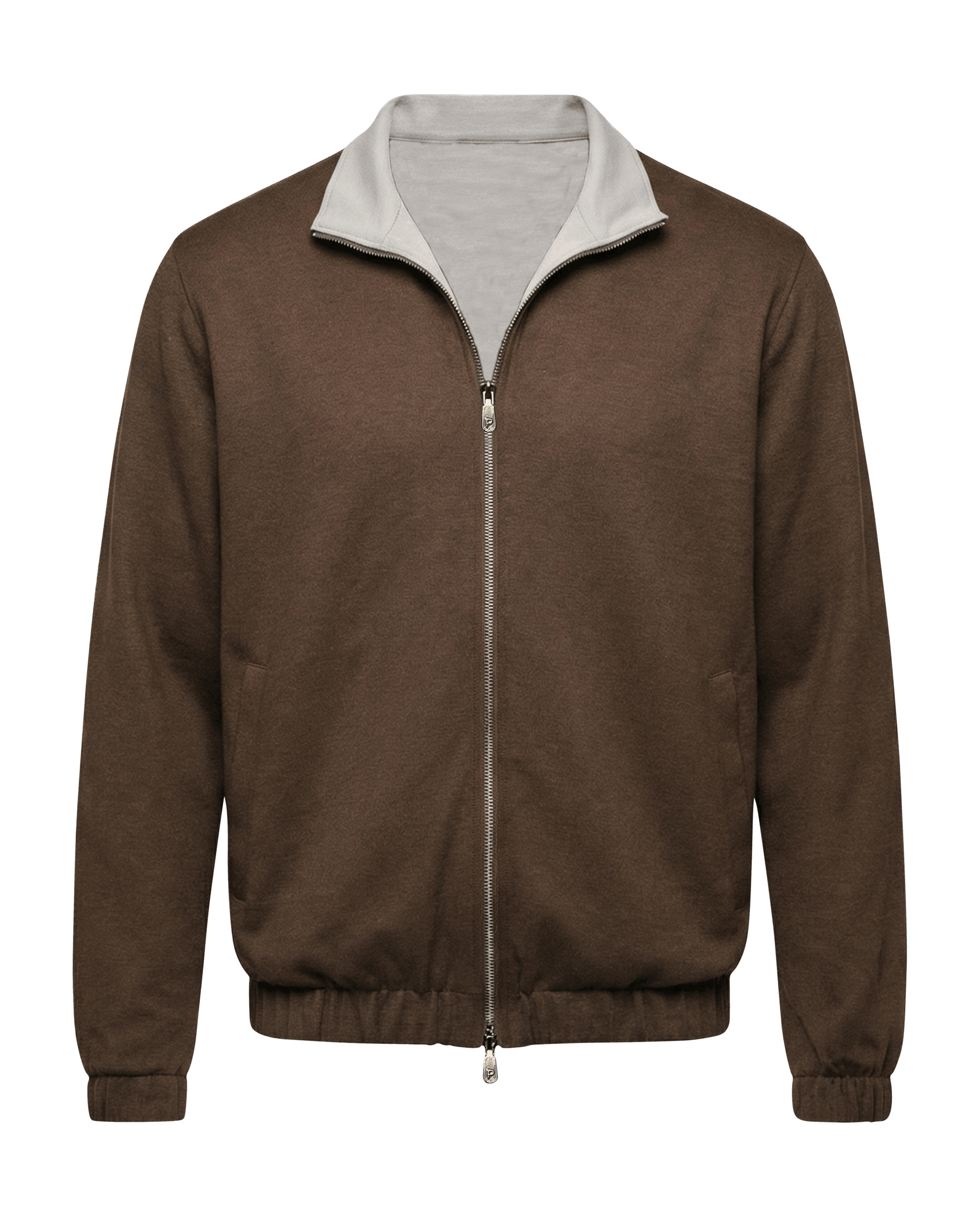 Brown jacket with gray collar 