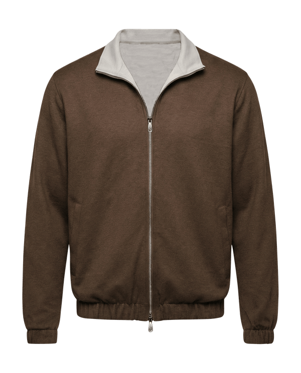 Brown jacket with gray collar 