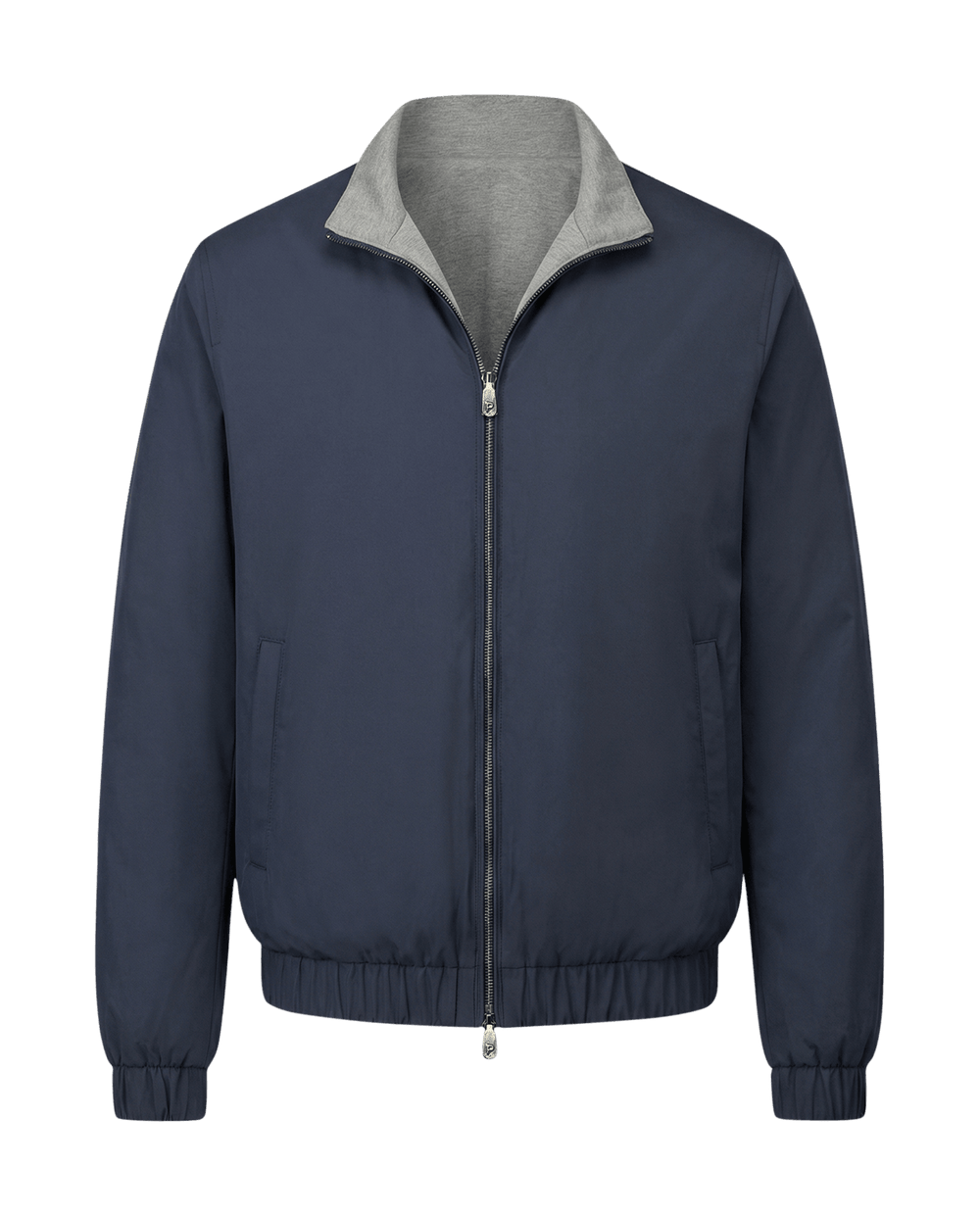 Navy blue jacket with gray collar on a black background