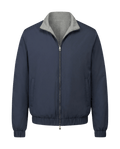 Navy blue jacket with gray collar on a black background
