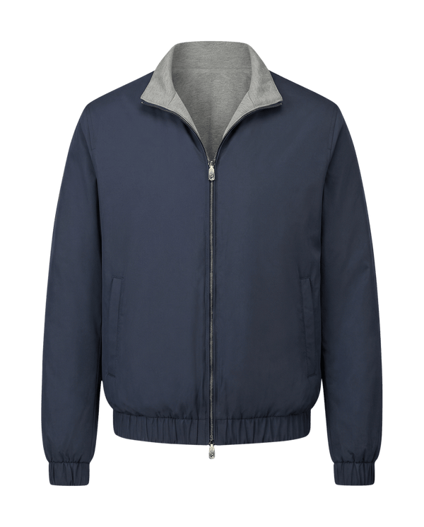 Navy blue jacket with gray collar on a black background
