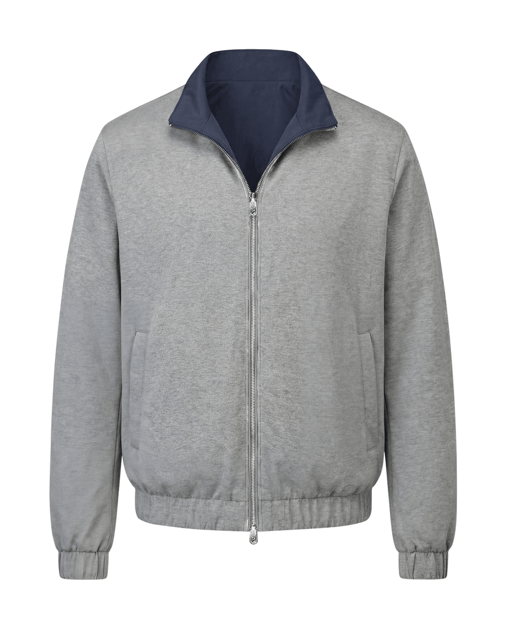Gray jacket with a navy collar on a transparent background