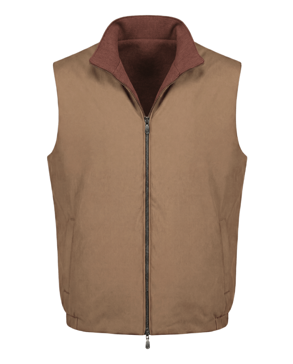 Brown vest with a maroon collar on a black background