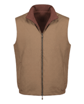 Brown vest with a maroon collar on a black background
