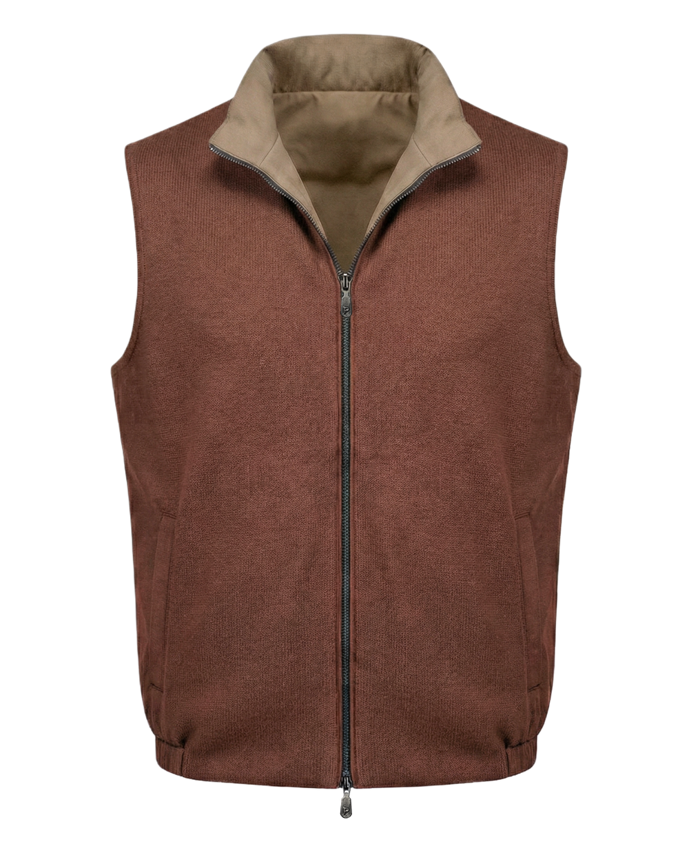 Brown vest with beige collar on a white background