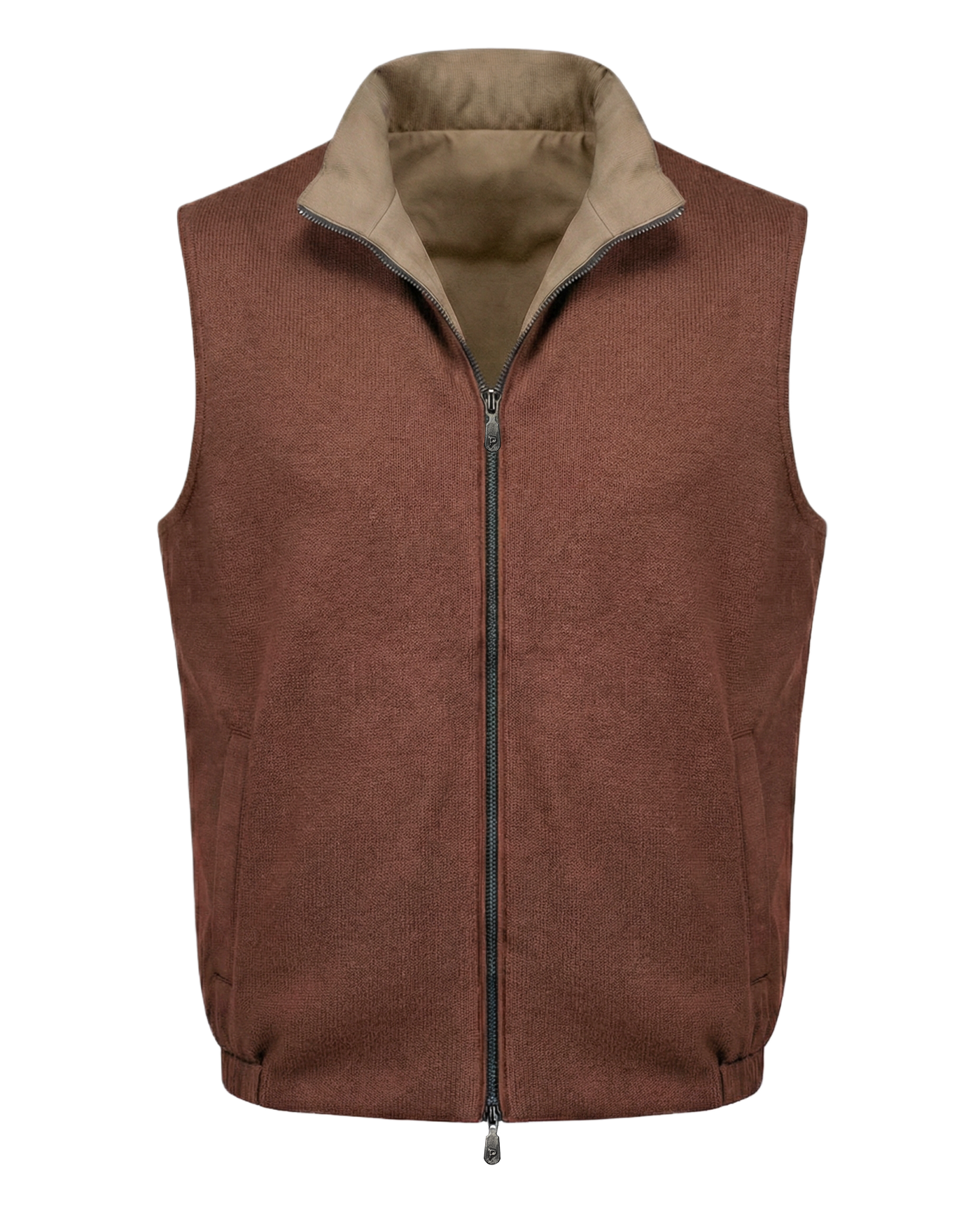 Brown vest with beige collar on a white background