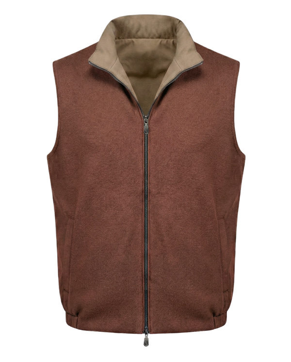 Brown vest with beige collar on a white background