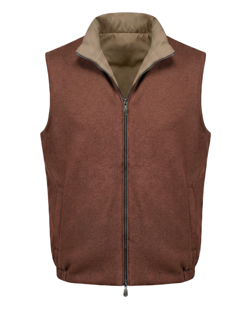 Brown vest with beige collar on a white background