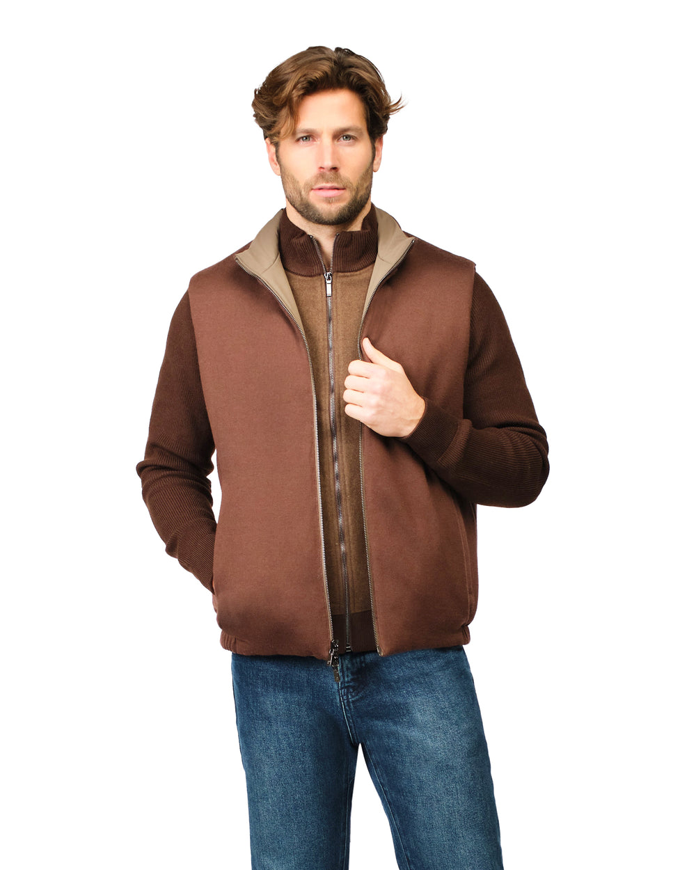 Man wearing a brown fleece jacket on a white background