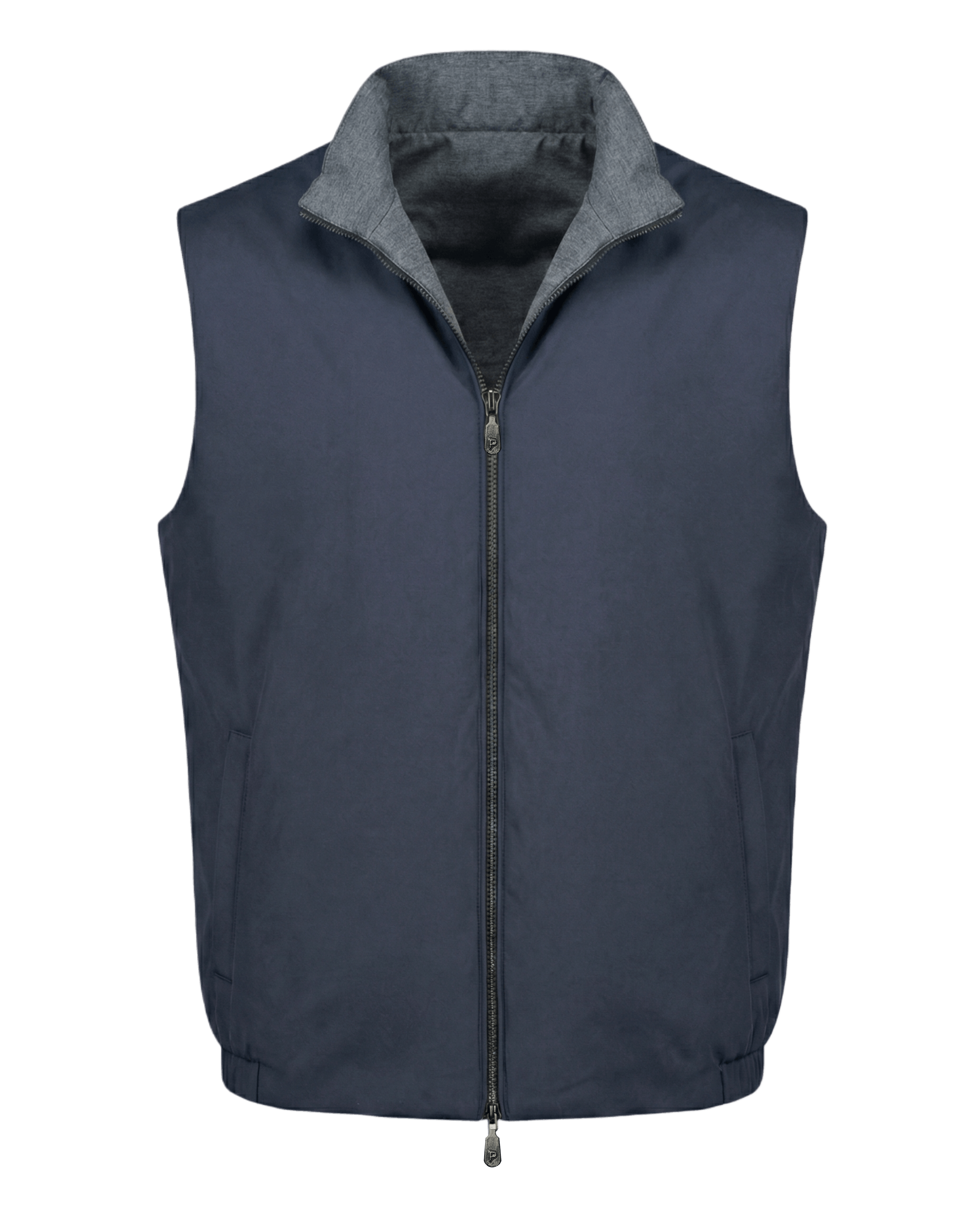 Navy blue vest with gray collar on a transparent background
