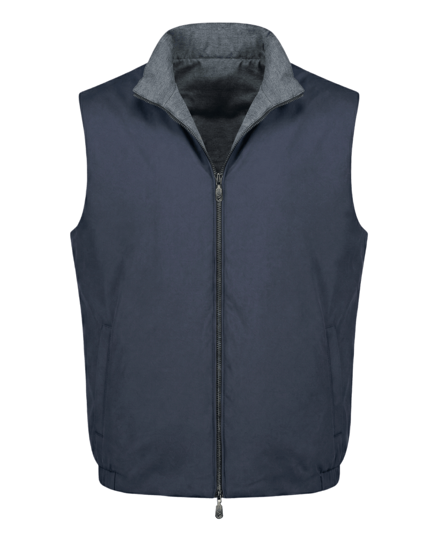 Navy blue vest with gray collar on a transparent background