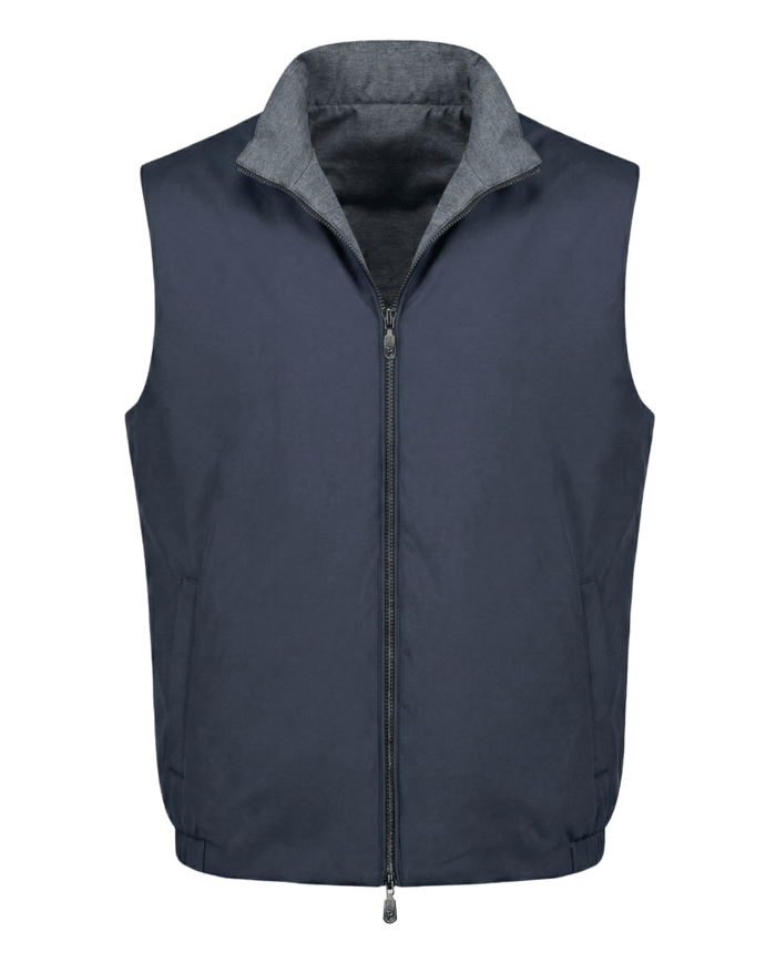 Navy blue vest with gray collar on a transparent background