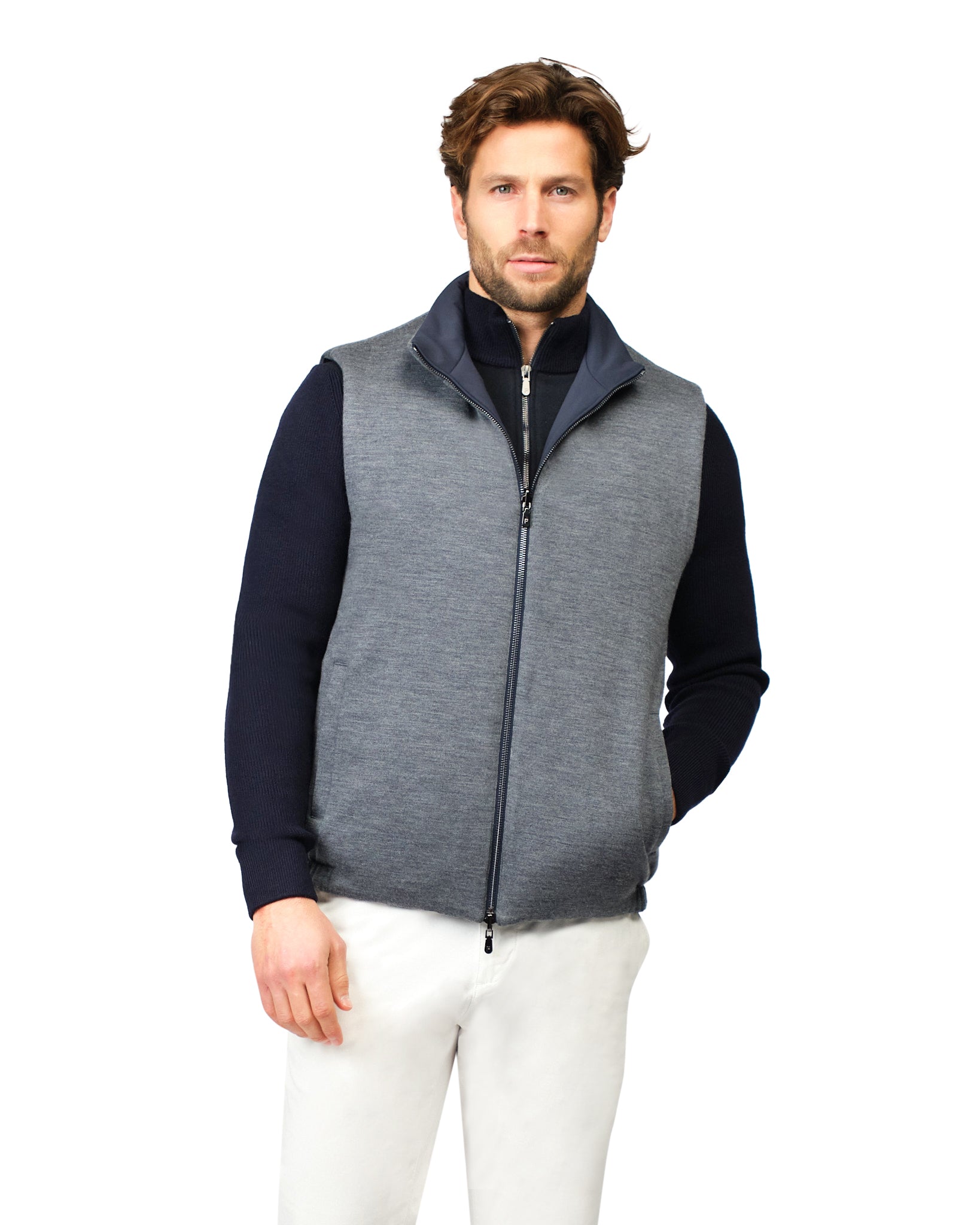 Marinegrijze omkeerbare gebreide bodywarmer