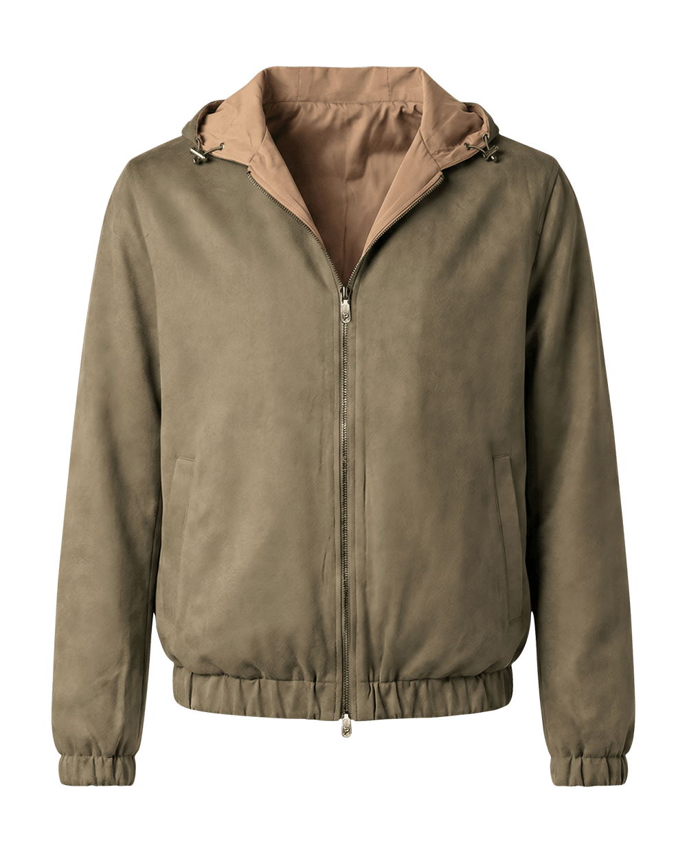 Green jacket with a brown hood 