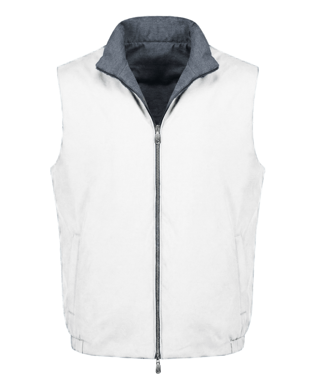White puffer vest with gray collar on a white background