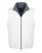 White puffer vest with gray collar on a white background