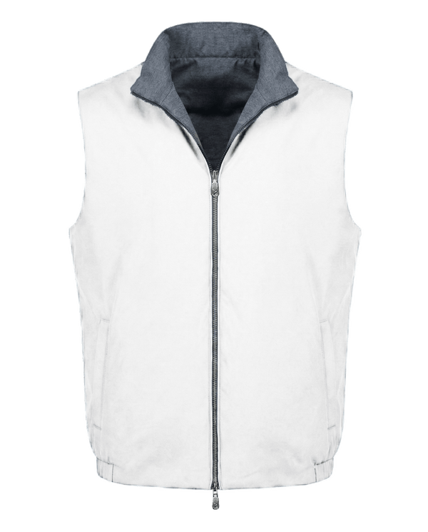 White puffer vest with gray collar on a white background