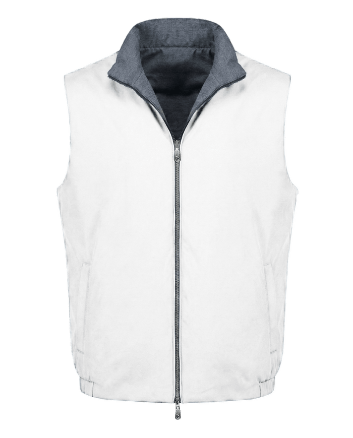 White puffer vest with gray collar on a white background