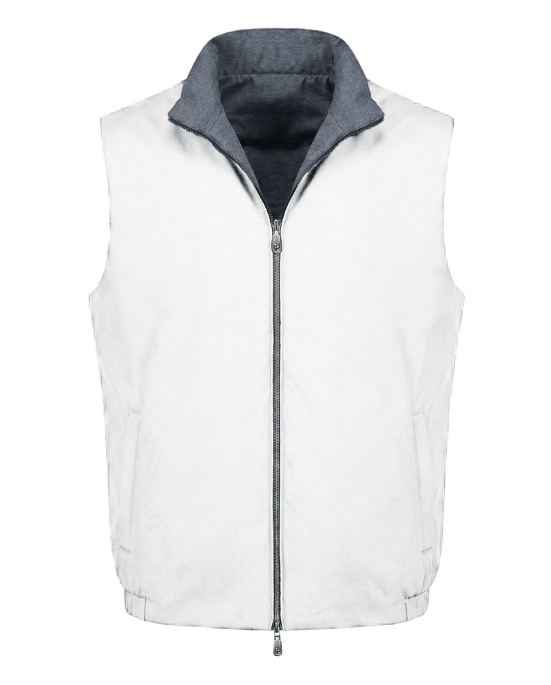 White puffer vest with gray collar on a white background