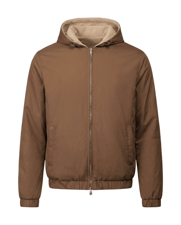 Brown jacket with a hood on a black background