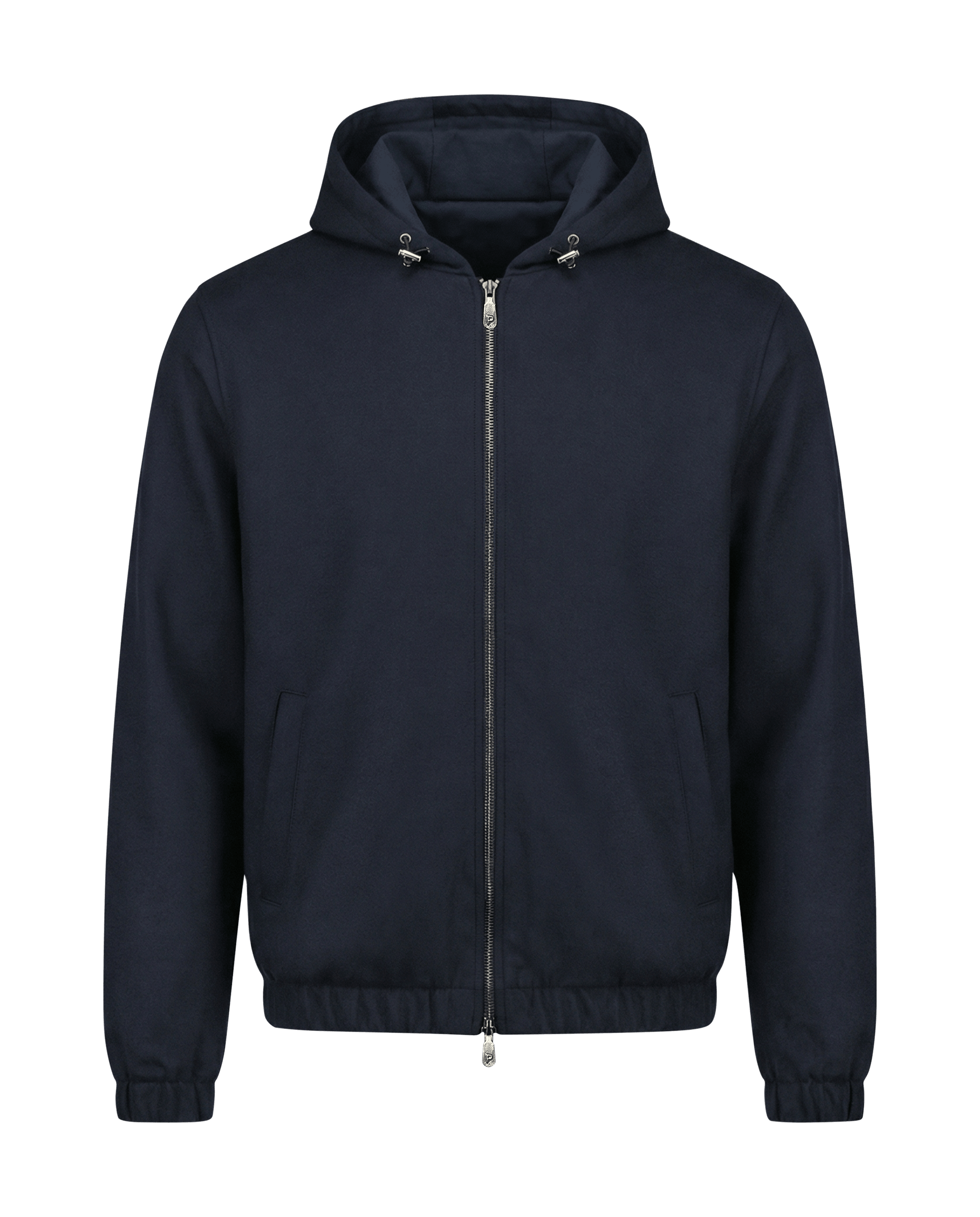 Navy blue jacket with a hood on a black background