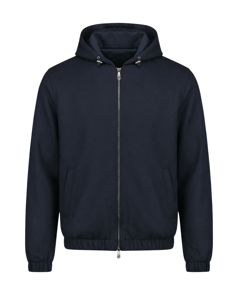Navy blue jacket with a hood on a black background