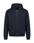 Navy blue jacket with a hood on a black background