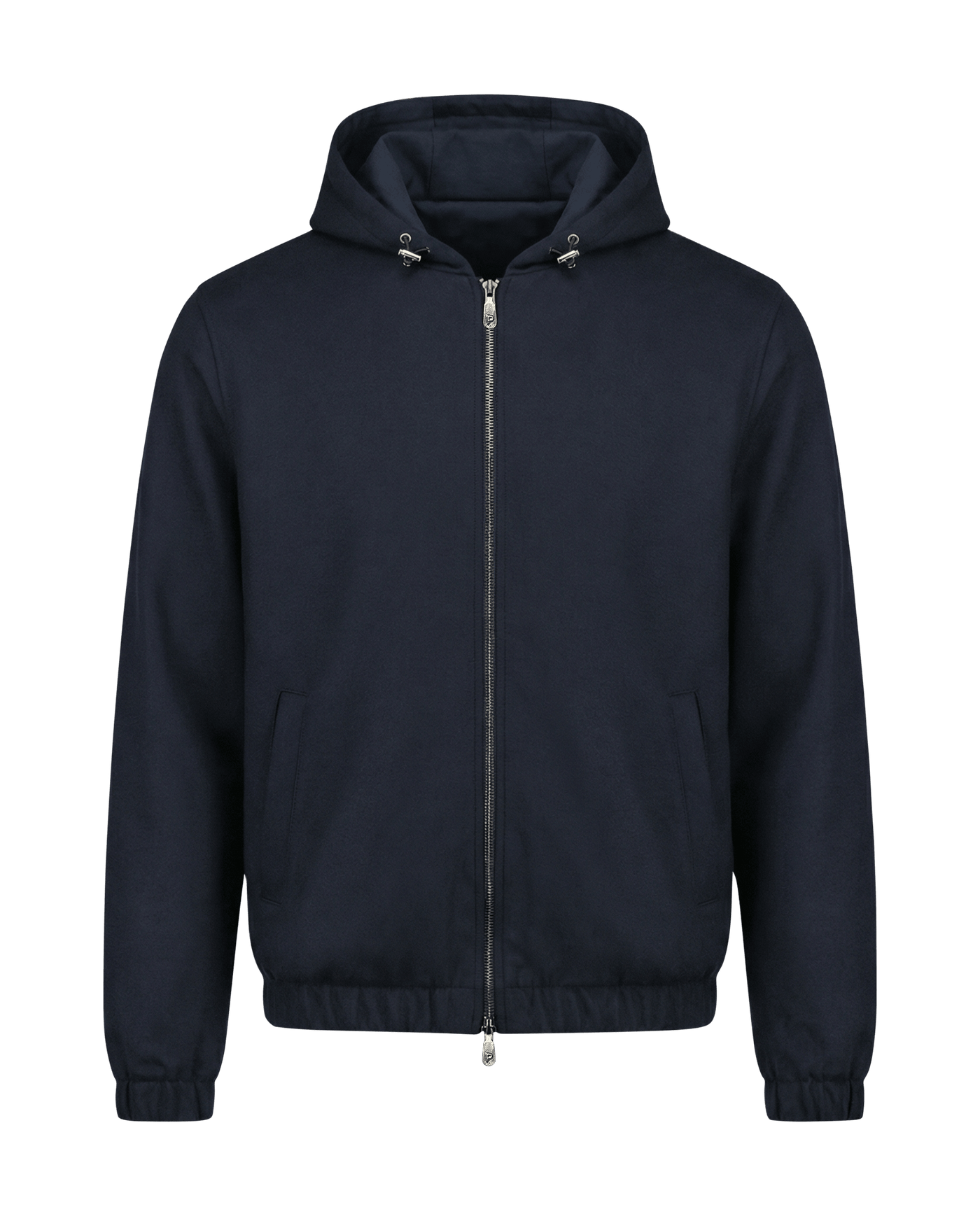 Navy blue jacket with a hood on a black background