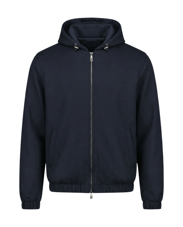 Navy blue jacket with a hood on a black background