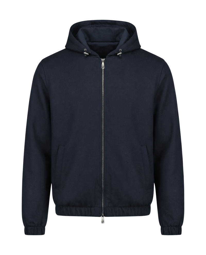 Navy blue jacket with a hood on a black background